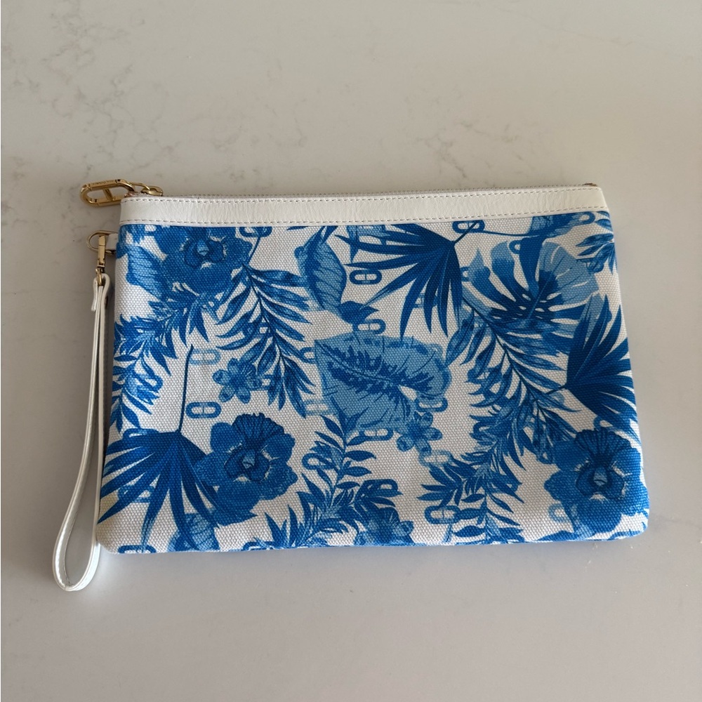 Tropical Blue and White Wristlet Clutch with Palm Print